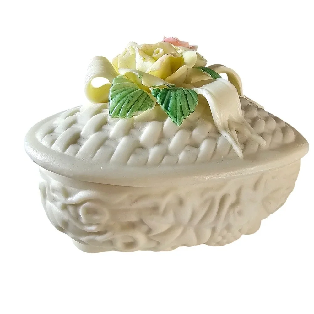 Vintage Heart Shaped Porcelain Trinket Box Floral Roses Basketweave White 4in